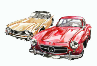 Bocetos en acuarela de coches Benz.