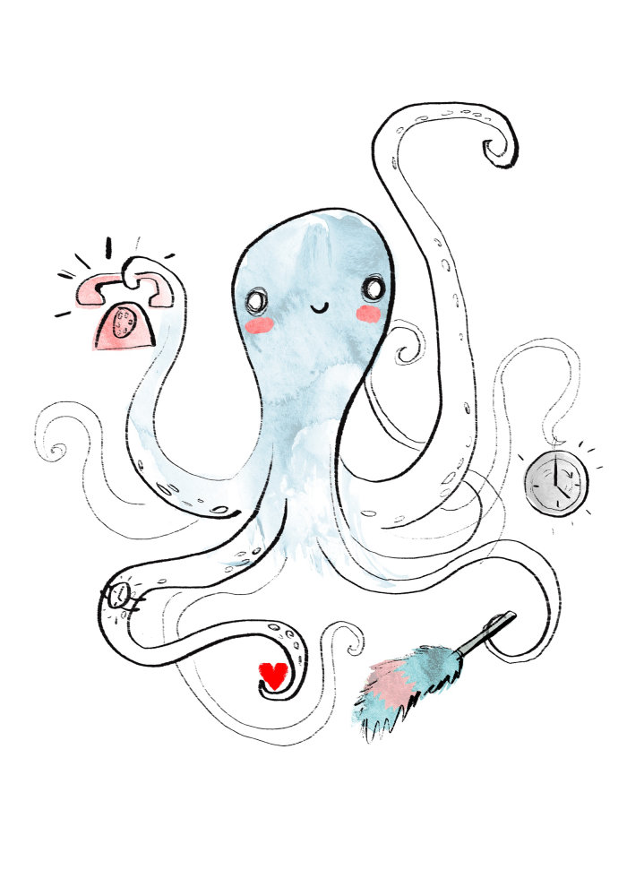 watercolor painting of a octopus holding telephone,watch,heart
