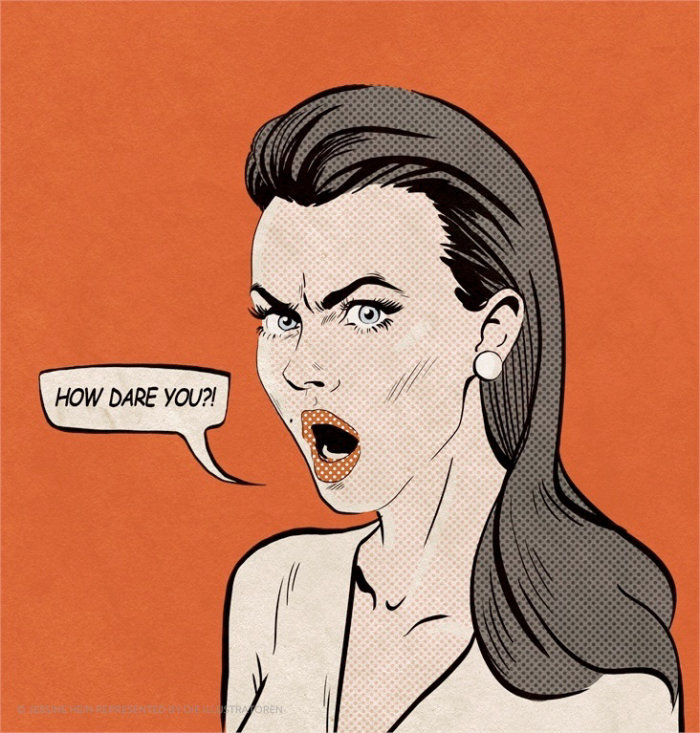 Pop art of a classic woman face,saying How dare you
