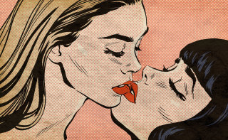 Ilustración de arte pop de dos chicas besándose.