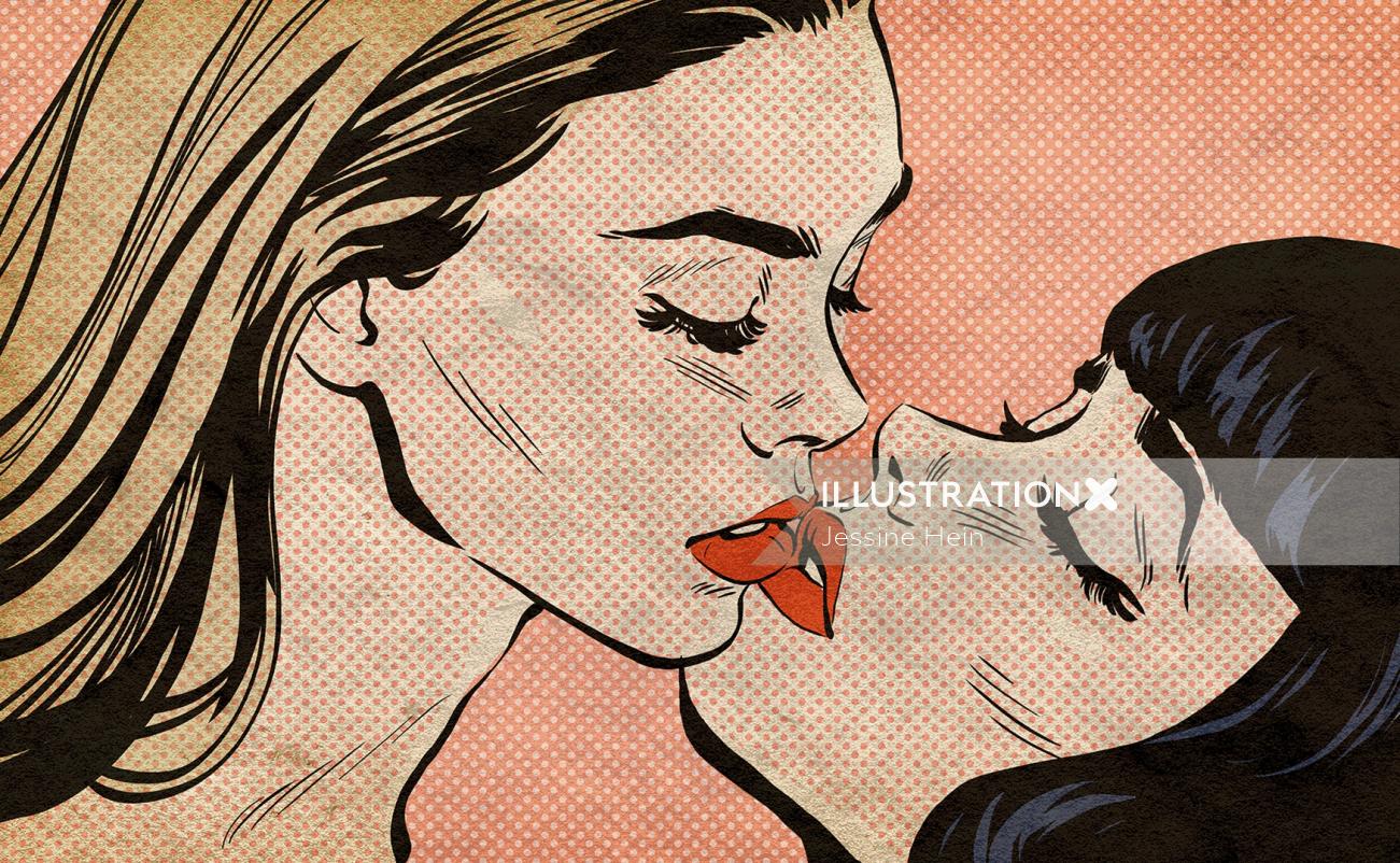 キスする2人の女の子のポップアートイラスト
