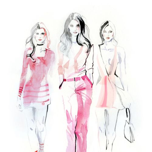 Fashion illustration of beautiful ladies wearing pink dress
