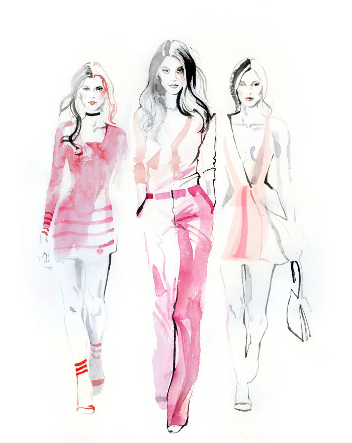 Fashion illustration of beautiful ladies wearing pink dress