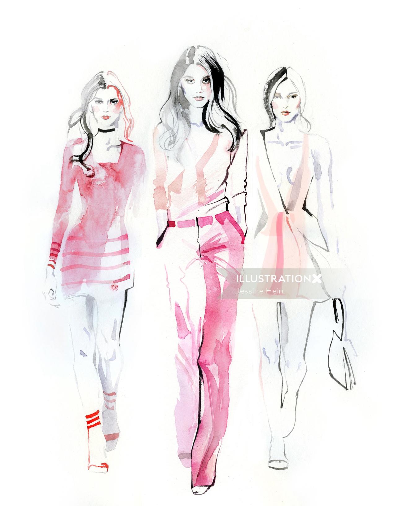 Ilustração de moda de belas damas usando vestido rosa