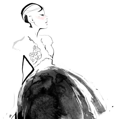 watercolor fashion illustration of a beautiful lady with elegant dress
