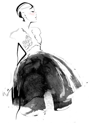 Ilustración de moda acuarela de una bella dama con vestido elegante