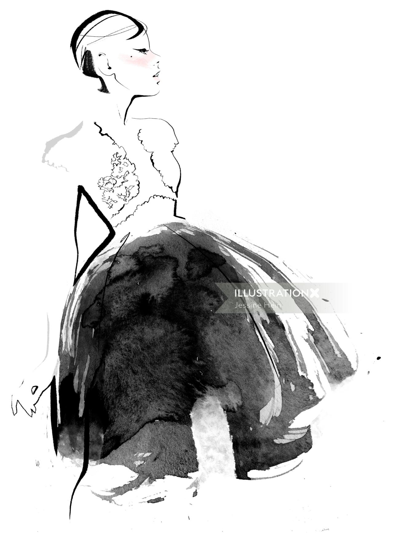 watercolor fashion illustration of a beautiful lady with elegant dress