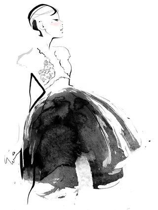 watercolor fashion illustration of a beautiful lady with elegant dress