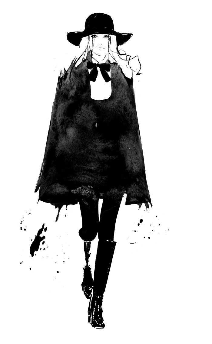 Fashion illustration of a lady on black dress