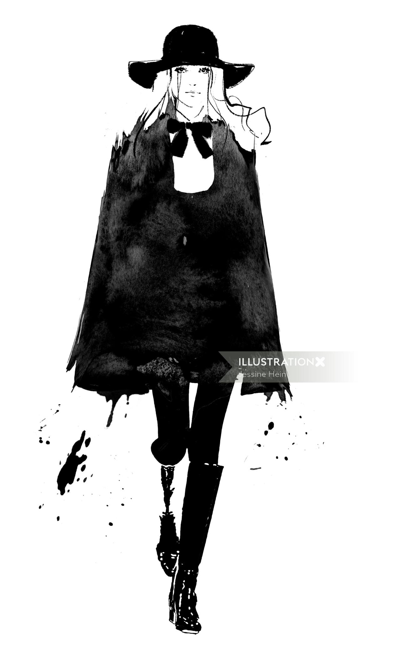 Fashion illustration of a lady on black dress