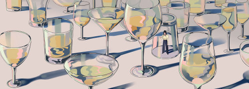 Arte digital de mujer atrapada bajo una copa de vino