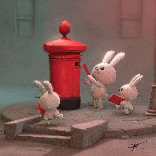 Ilustração 3D de coelhos enviando cartões postais