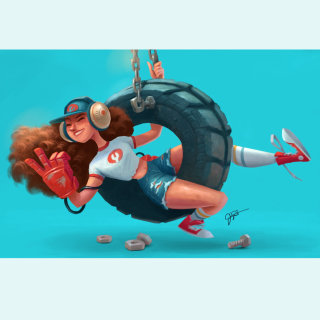 Conception de personnage d&#39;une fille jouant sur une balançoire en pneu