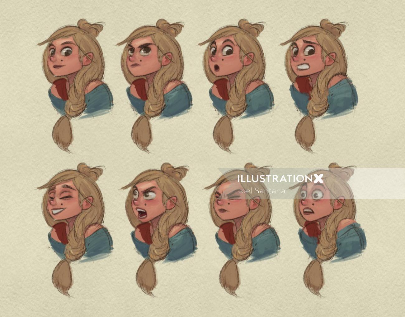 Girl with different expressions character design 
