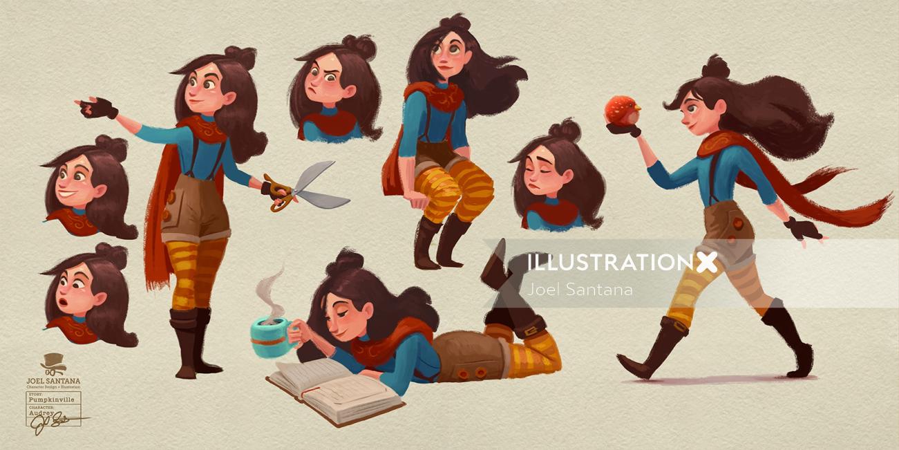 Black hair girl character design for children book 
