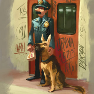Diseño de personaje de un policía con perro. 