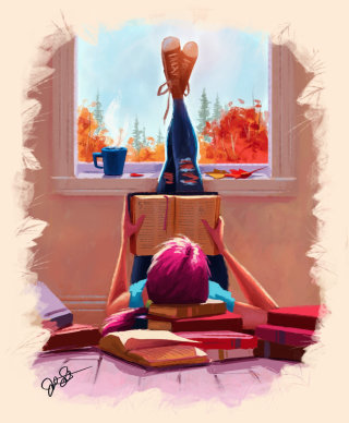 Arte digital de un joven leyendo un libro.