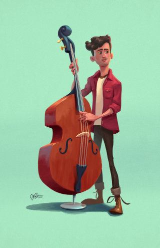 Homem de desenho animado tocando violoncelo
