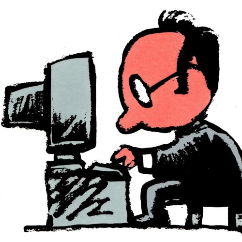 graphic illustration of an old man working on the computer