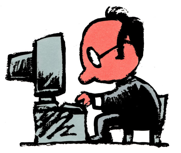 ilustração gráfica de um velho trabalhando no computador