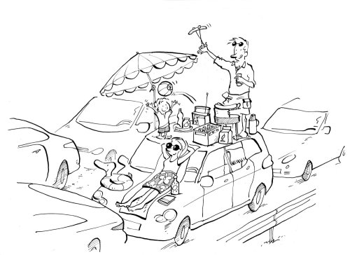 Friends stuck in Traffic Jam cartoon character 