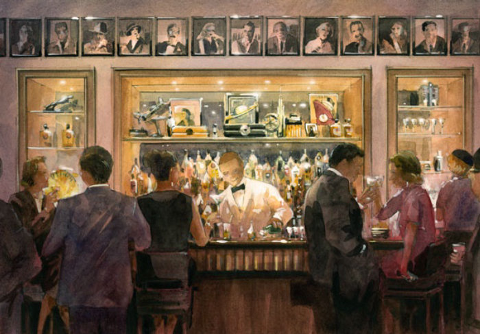 Watercolour painting of people in bar