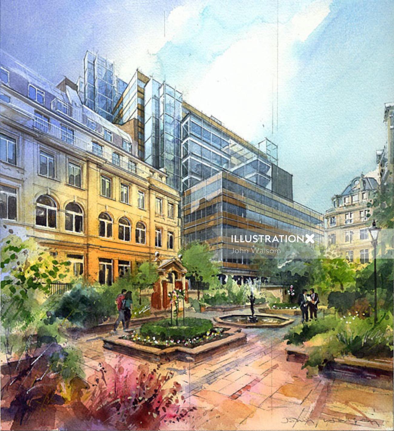 Watercolor architectural rendering by John Walsom