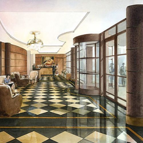Lobby of the Beaumont hotel architectural illustration
