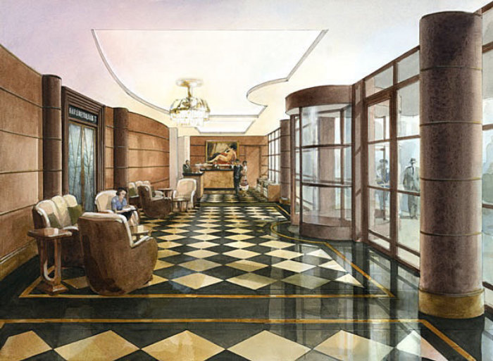Lobby of the Beaumont hotel architectural illustration