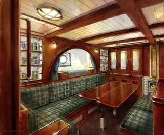 Yacht cabin interior with wood paneling and cushioned seats by John Walsom