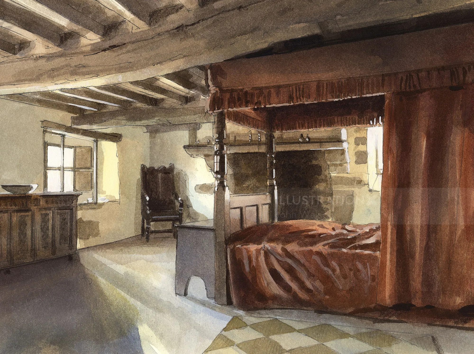 Watercolor of a historic bedroom with wooden beams and canopy bed by John Walsom