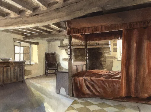 Watercolor of a historic bedroom with wooden beams and canopy bed by John Walsom