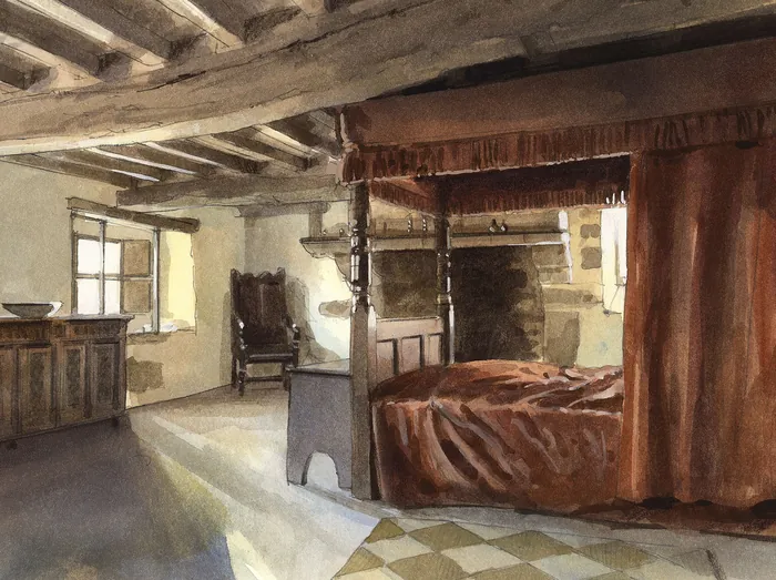 Watercolor of a historic bedroom with wooden beams and canopy bed by John Walsom