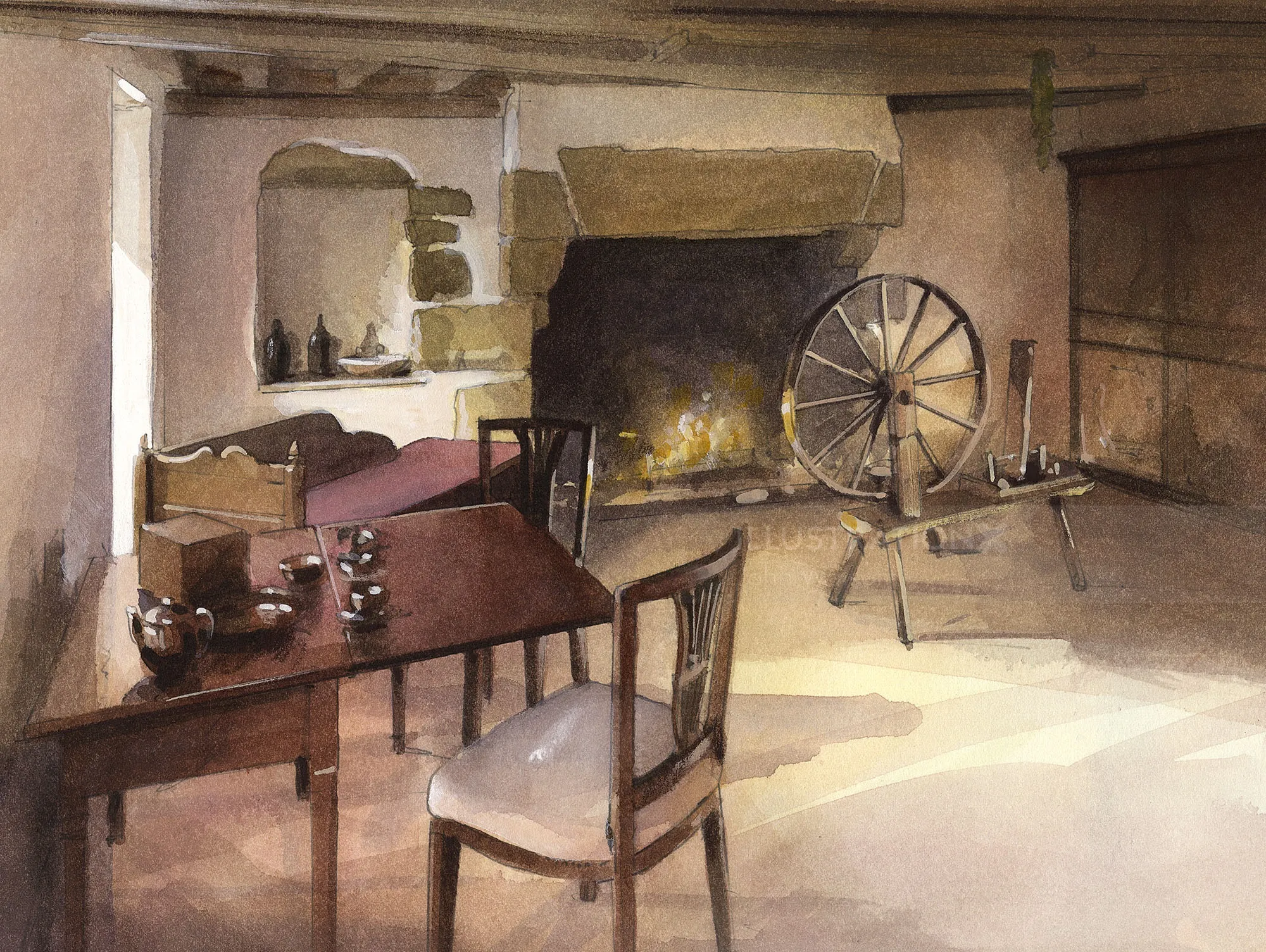 Historic room with spinning wheel and wooden furniture by John Walsom
