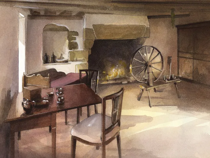 Historic room with spinning wheel and wooden furniture by John Walsom