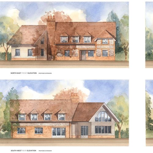 Watercolor architectural house elevations by John Walsom