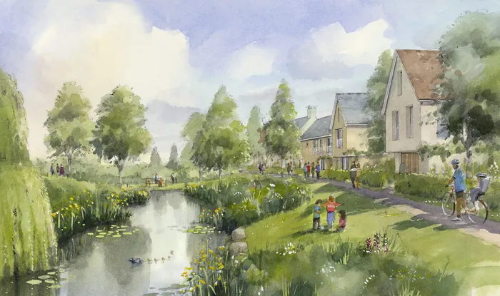 Countryside village scene by river with people relaxing and cycling by John Walsom