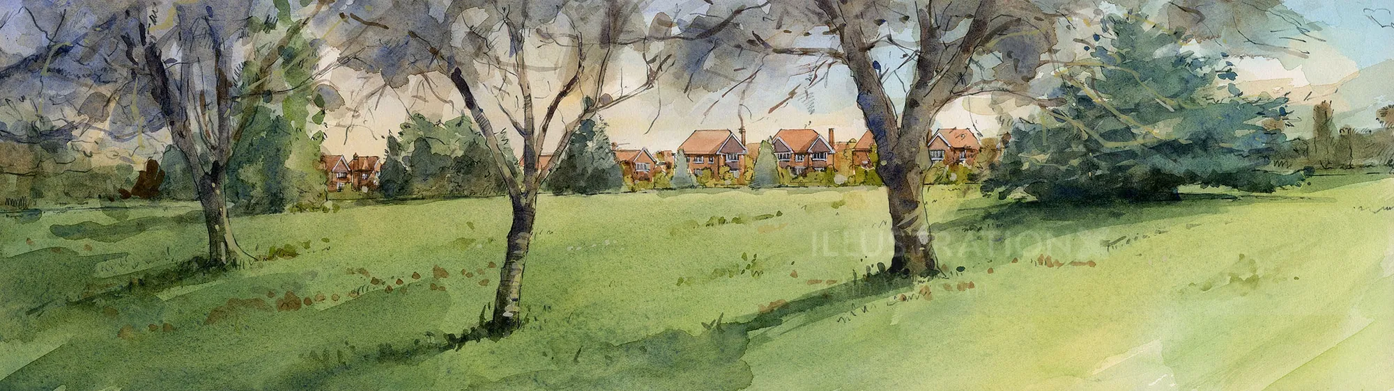 Watercolor countryside landscape with trees and houses by John Walsom