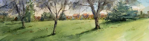 Watercolor countryside landscape with trees and houses by John Walsom