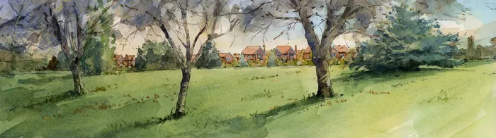 Watercolor countryside landscape with trees and houses by John Walsom