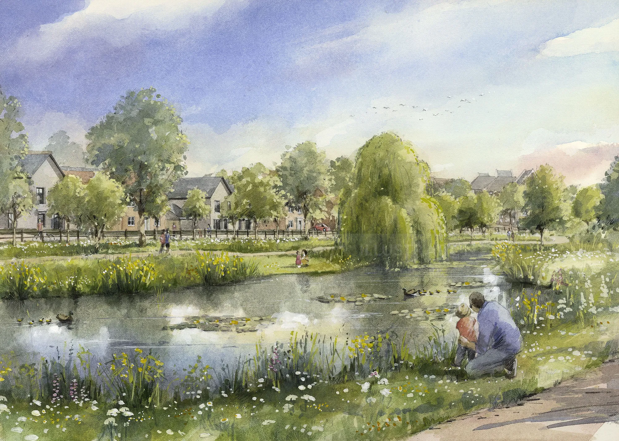 Green village landscape painting