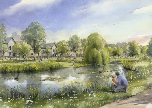 Green village landscape painting