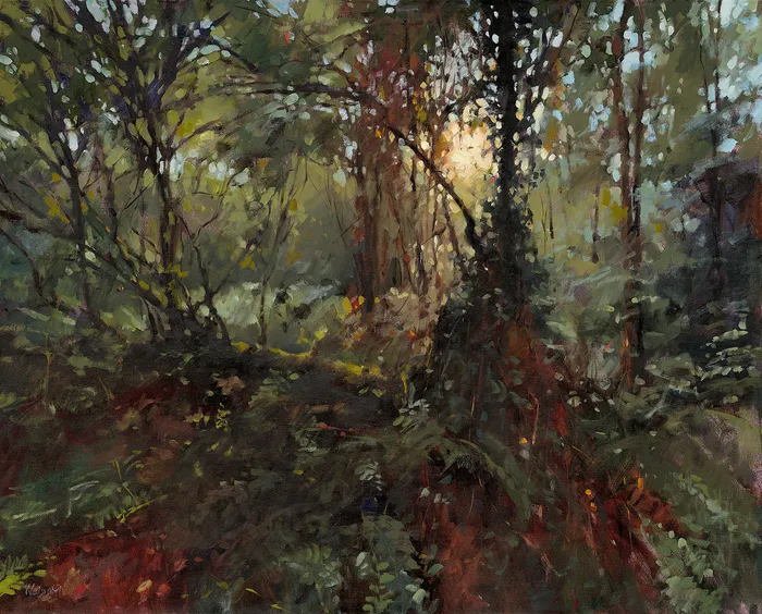 Realistic painting of mysterious woodlands