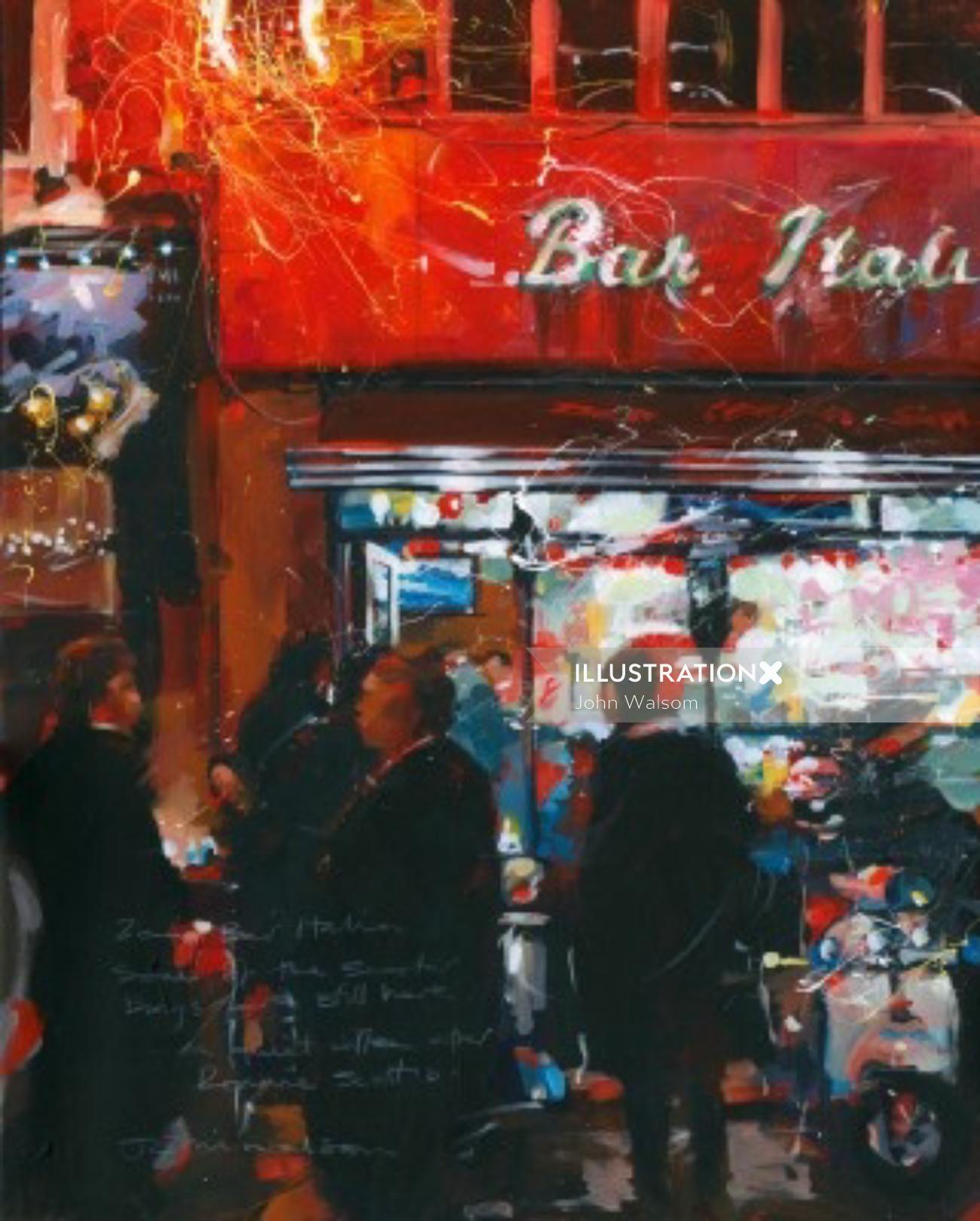 Late night painting of an Italian bar