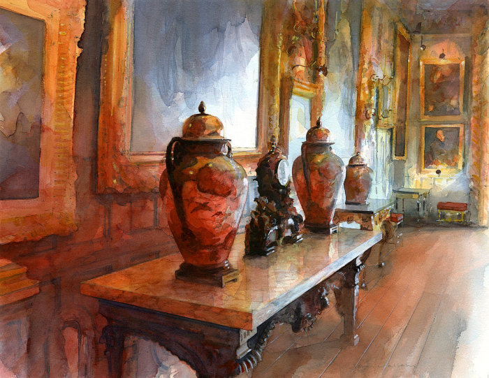 O salão de baile de Knole, mostrado em aquarela