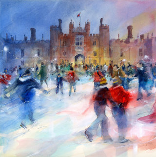 Patinaje sobre hielo en Hampton Court Ilustración acuarela
