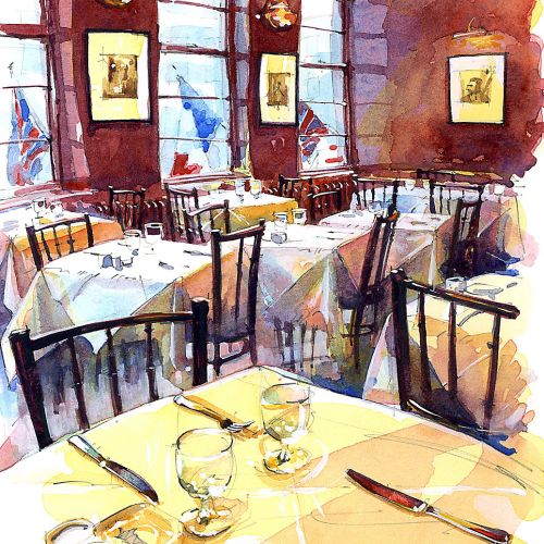 The French House Restaurant illustration by John Walsom