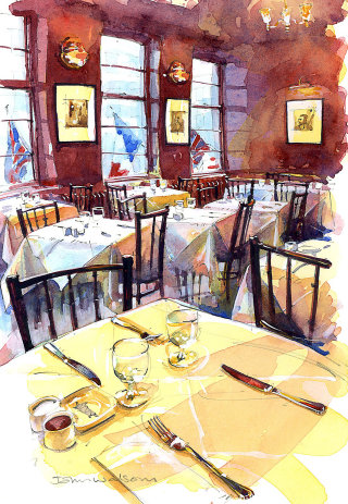 El dibujo de John Walsom del restaurante French House.