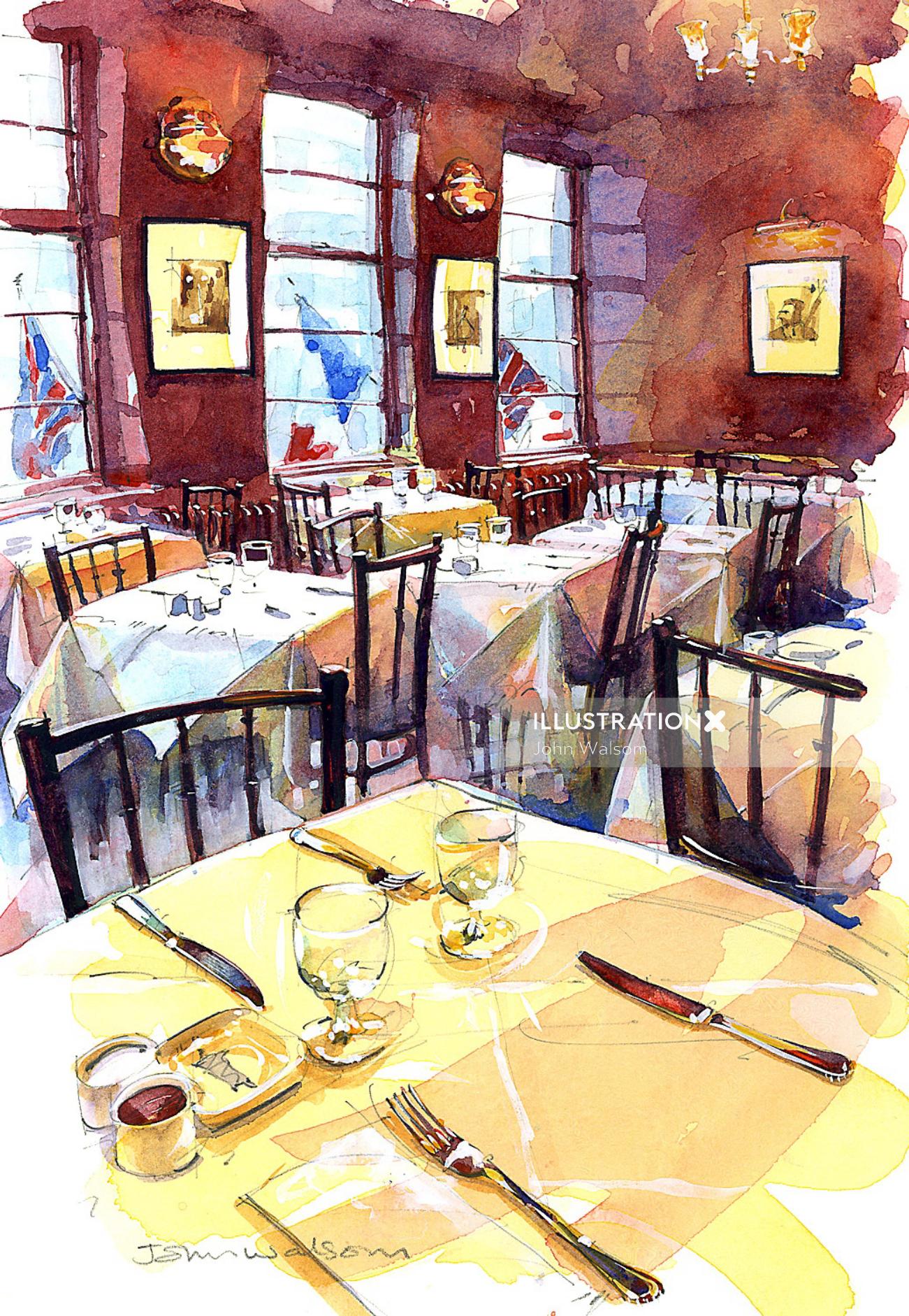 The French House Restaurant illustration by John Walsom
