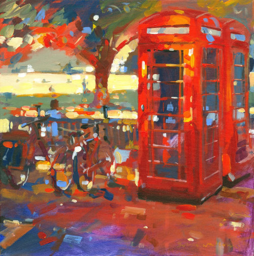 Oil painting of Phone Boxes at Richmond Green